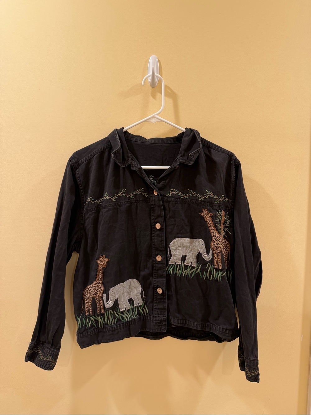 Women’s Black Embroidered Safari Jacket with Giraffe & Elephant